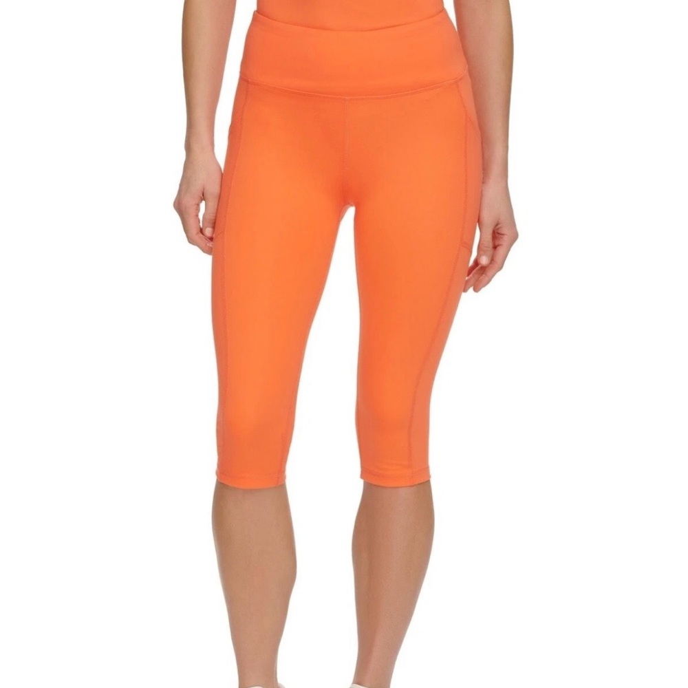 DKNY SPORT High Waist Mini Capri Leggings Coral Stretch Pockets Size L